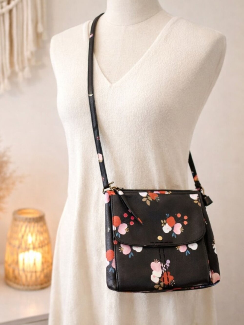 Black Floral Crossbody Bag Purse 8x9 Cottagecore Coquette Feminine Whimsical